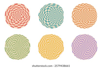 Collection of psychedelic checkerboard sphere. Visually striking design featuring in groovy colors. Trippy spiral shapes. Optical illusions pattern, retro art, mesmerizing visual vector illustration