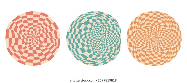 Collection of psychedelic checkerboard sphere. Visually striking design featuring in groovy colors. Trippy spiral shapes. Optical illusions pattern, retro art, mesmerizing visual vector illustration