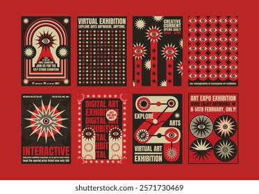 Collection of psychedelic digital art exhibition posters. Bold, graphic designs with red and black colors. Virtual art and interactive exhibits. Psychedelic retro poster template vectors.
