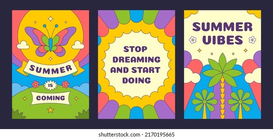 Collection psychedelic quote poster template with summer rainbow butterfly and palm tree vector cartoon illustration. Set groovy hippie bright abstract placard decorative design with place for text