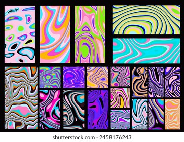Collection of psychedelic trippy textures in neon vivid colors.