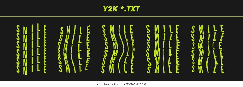 Collection psychedelic written words - SMILE. Psychedelic retro futuristic set words. Surreal geometric shapes on words, abstract cyberpunk wireframe. Vector elements in trendy psychedelic style.