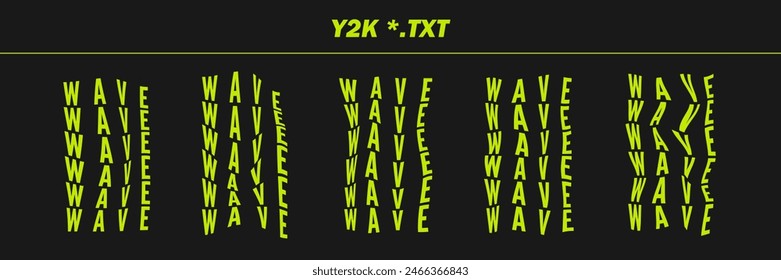 Collection psychedelic written words - WAVE. Psychedelic retro futuristic set words. Surreal geometric shapes on words, abstract cyberpunk wireframe. Vector elements in trendy psychedelic style.