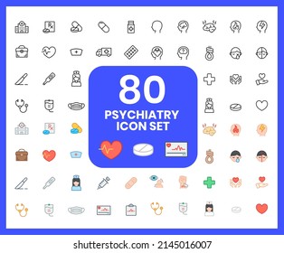 Collection of psychiatry linear icons and color icons. treatment, medical treatment, counseling, doctor, medicine, rope. Set of hospital symbols drawn with thin contour lines.