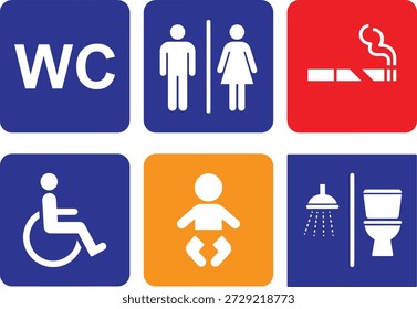 Colección de las señales de las instalaciones públicas, incluyendo baños, fumar y accesibilidad