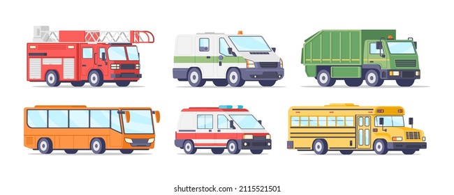 Collection Public Passenger And Emergency Aid City Transportation Vector Illustration. Special Service Urban Car Isolated. Ambulance Auto, School Bus, Dump, Fire Truck, Cash In Transit Vehicle