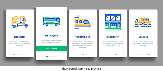 Collection Public Transport Vector Onboarding Mobile App Page Screen. Trolleybus And Bus, Tramway And Train, Cable Way And Monorail Transport Pictograms. Car And Taxi, Plane And Ship Illustrations
