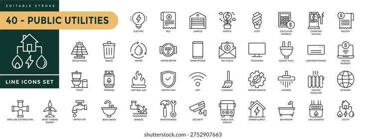 A collection of Public Utilities icons set with editable stroke, including gas, water, heating, electricity. Thin linear vector illustration.