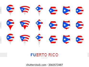 Collection of the Puerto Rico flag in different shapes and with three different effects. Vector flag set.