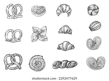 Collection of puff pastry hand drawing isolated on white background, bakery ink doodle outline illustration, patisserie ink sketchy vector illustration, bake shop menu item minimal style outline icon