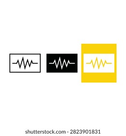 Collection of pulse line icons in black, white, and yellow. Medical and technology symbols representing heart rate monitoring and signal processing.
