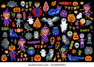 Collection of Pumpkin, bat, zombie, owl, garland flag, ghost, cat. Set of Halloween symbols, Children characters in funny and scary witch costumes. For children room designs.