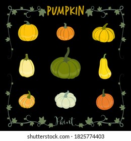 Collection of pumpkin illustration with vine frame on black background.