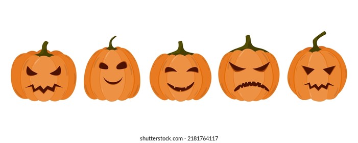 Collection pumpkin on a white background. Orange pumpkin with a smile for your Halloween design. Vector illustration.