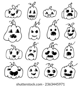 Collection of pumpkins in black and white. Doodle style. Various faces