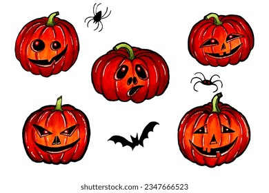 A collection of pumpkins with different facial expressions for Halloween.Spiders and a bat. Jack o'lantern with pumpkin head clearart in spooky holiday. Hand isolated art.
