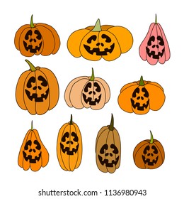 Collection of pumpkins of different  shapes and sizes. Vector EPS 10.