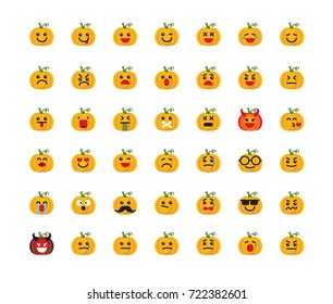Collection of pumpkins emoticons. Set of Halloween emoji art. Flat image design. Feeling on the face. Isolated vector illustration on white background.