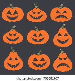 Collection of pumpkins for Halloween day, hand drawn icons set. Mood smiles vector. Background with traditional holiday symbol. Trick or treat. Decorative elements, good for printing