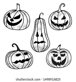 Collection of pumpkins for Halloween drawn in sketch style. Pumpkins with eyes. Vector illustration.