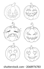 collection of pumpkins halloween emotions line drawing