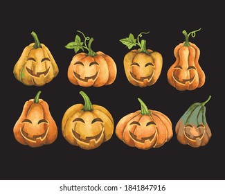 collection Pumpkins halloween smiley hand painting watercolor illustration individual object clipart.Vector Illustration