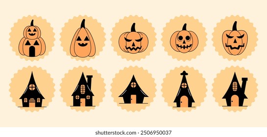 Colección de calabazas con casas embrujadas. Ilustración vectorial.