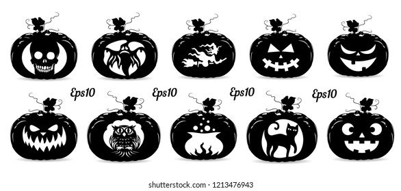 Collection of pumpkins for the holiday of Halloween, silhouette for design on a white background, vector