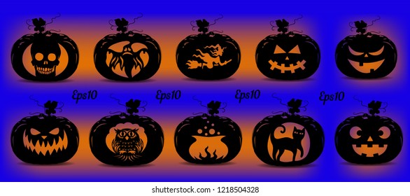 Collection of pumpkins for the holiday of Halloween, silhouette for design on a blue glowing background, vector