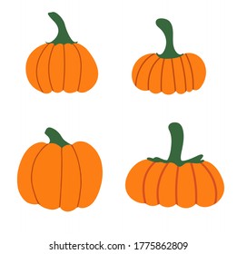 Colección de calabazas aisladas en un fondo blanco .Calabaza naranja, amarilla, roja para Halloween y diseño del día de acción de gracias. Hortalizas orgánicas de otoño. Ilustración plana del vector