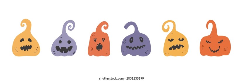 Collection of pumpkins on a white background Multicolored pumpkin with a smile for your design for the holiday Halloween