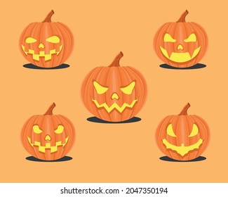 a collection of pumpkins with various scary expressions for Halloween