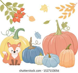 Collection of pumpkins, yellow, blue and orange. Cartoon style. Isolated on white background. Vector illustration
