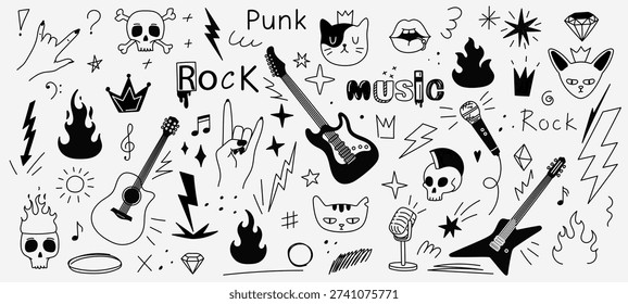 A collection of punk rock and roll elements. Cute hand-drawn vector images.