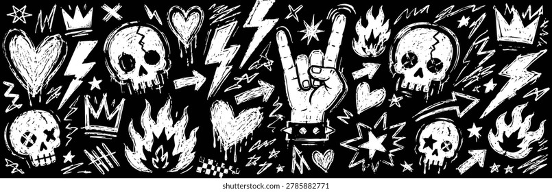 Collection of punk rock style hand-drawn doodles including skulls, hearts, lightning, fire, crowns, and rock and roll hand signs in a sketch style.