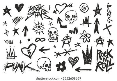 A collection of punk and rock-themed doodles features stars hearts skulls arrows and anarchy symbols all drawn in bold black ink on a white background showcasing a rebellious style.