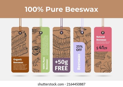 Collection pure organic beeswax vertical promo tag rope vector illustration. Set natural bee product with engraved honeycombs delicious high quality advertising mark sale discount special offer price