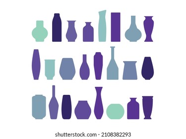 Sammlung von violetten Keramikvasen. Dinge aus bunter Keramik. Einzeln auf weißem Hintergrund.