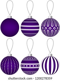 Collection of purple Christmas balls with pattern hanging on a thread. Vector EPS 10