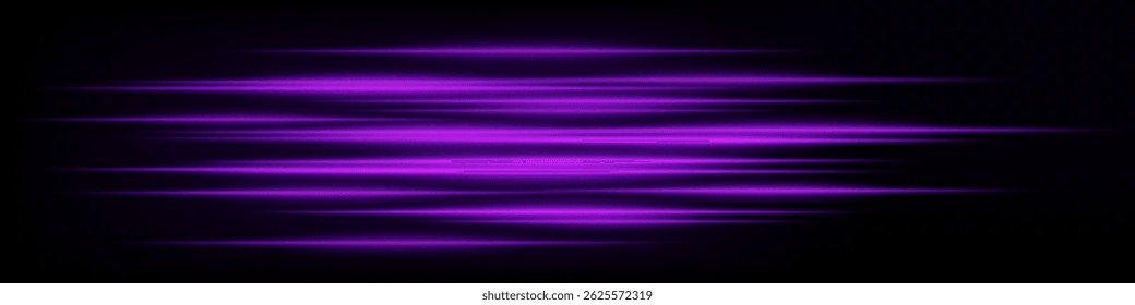 Collection of purple horizontal abstract neon speed lines glowing on dark background. Futuristic dynamic beams, perfect for digital design, UI elements, and tech projects. EPS vector illustration.