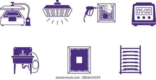A collection of purple icons representing the various stages and equipment used in the screen printing process.