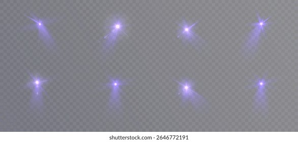 Coleção de luzes de luz roxas com raios sobre fundo transparente. Raios luminosos brilhantes, reflexos de formas, lentes. Usado para efeitos de brilho.