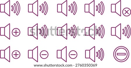 Collection of purple line art speaker icons illustrates different audio states including volume up plus mute and maximum sound options for user interface design.