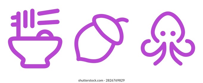 Collection of purple linear icons featuring Asian food, pasta, and sea creatures. These minimalist vector graphics are ideal for decorating menus, food delivery applications, cooking websites, and culinary themed digital content.