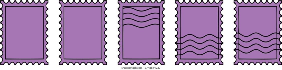 Collection of purple postage stamps with different wave patterns on white background for design elements various unused postal stamps