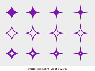 Collection of purple retro Y2K sparkle icons evoking futuristic millennium aesthetic
