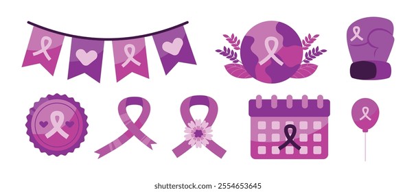 Collection of purple ribbon icons for breast cancer awareness.  Perfect for October's campaign.