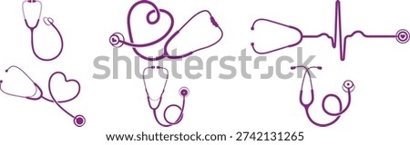 Collection of purple stethoscopes and electrocardiogram heart line