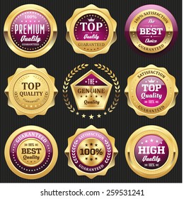 Collection of purple top quality badges with gold border