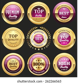 Collection of purple top quality badges with gold border